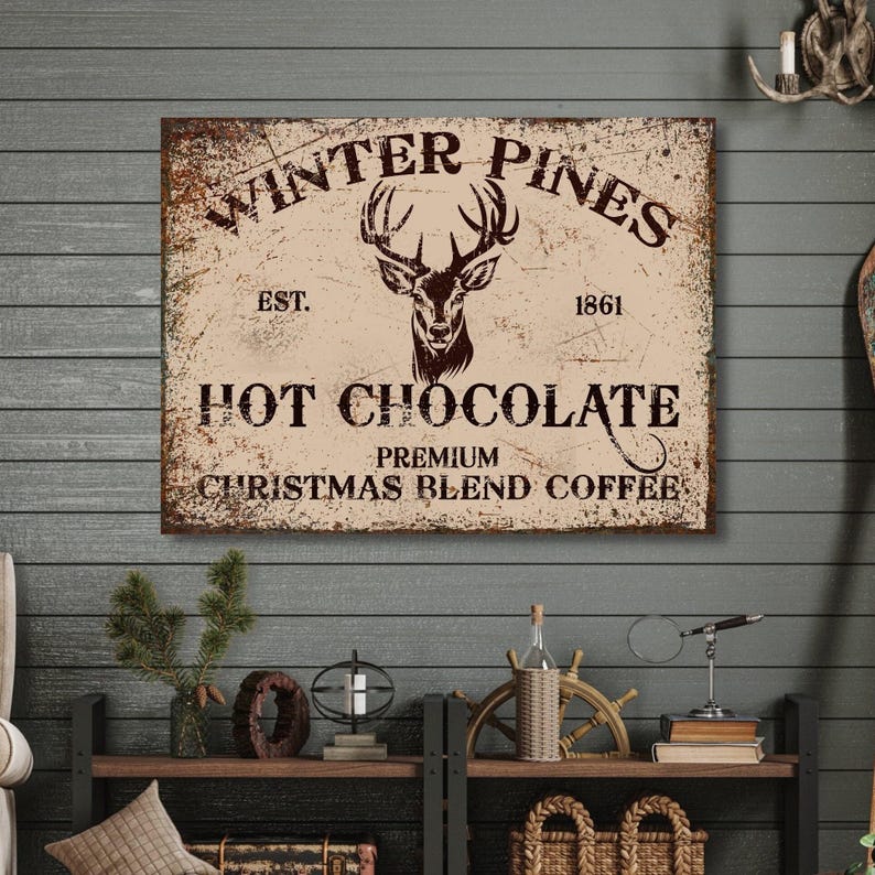 Personalized Hot Cocoa Bar Canvas Sign: Winter Pines, Rustic Christmas Decor image 1