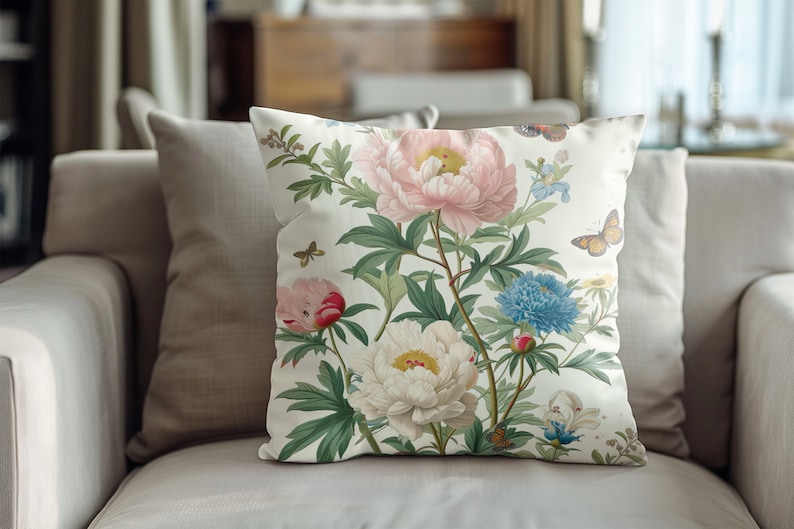 Olive Branch Farmhouse Peonies and Butterflies Pillow Cover - Thumbnail 3