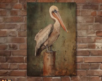 Vintage Pelican Canvas Print: Coastal Beach House Wall Art