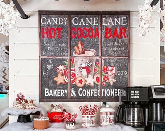 Candy Cane Lane Hot Cocoa Bar, Modern Farmhouse Home Decor, Vintage Christmas Sign, Antique Wall Art, Farmhouse Christmas,  Holiday Decor