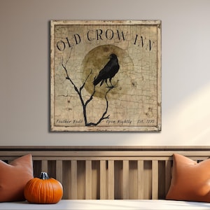 Primitive Fall Decor, Vintage Halloween Decor, Old Crow Inn Canvas Sign, Rustic Halloween Canvas Art, Farmhouse, Crow Art, Fall Decorations