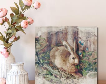 Watercolor Rabbit Canvas Print: Vintage Spring Easter Decor