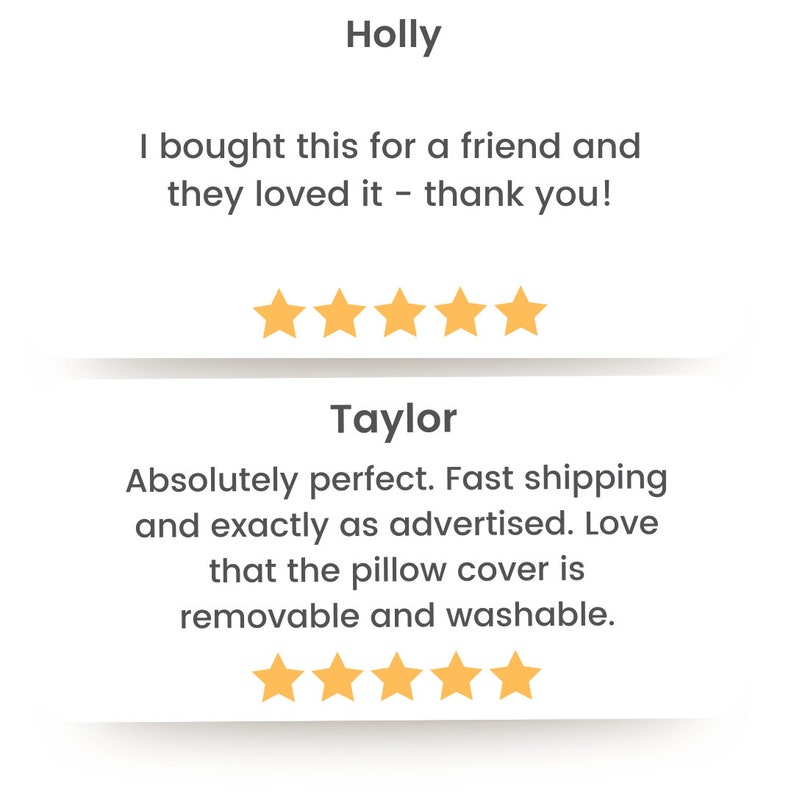 Pu&ograve; includere: Due recensioni dei clienti per un prodotto. La prima recensione di Holly &egrave; a cinque stelle e dice "Ho comprato questo per un amico e gli &egrave; piaciuto molto - grazie!" La seconda recensione di Taylor &egrave; anche a cinque stelle e dice "Assolutamente perfetto. Spedizione veloce ed esattamente come pubblicizzato. Adoro che la federa del cuscino sia rimovibile e lavabile."