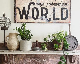 Wonderful World Canvas Art – Rustic Farmhouse Sign, Inspirational Decor