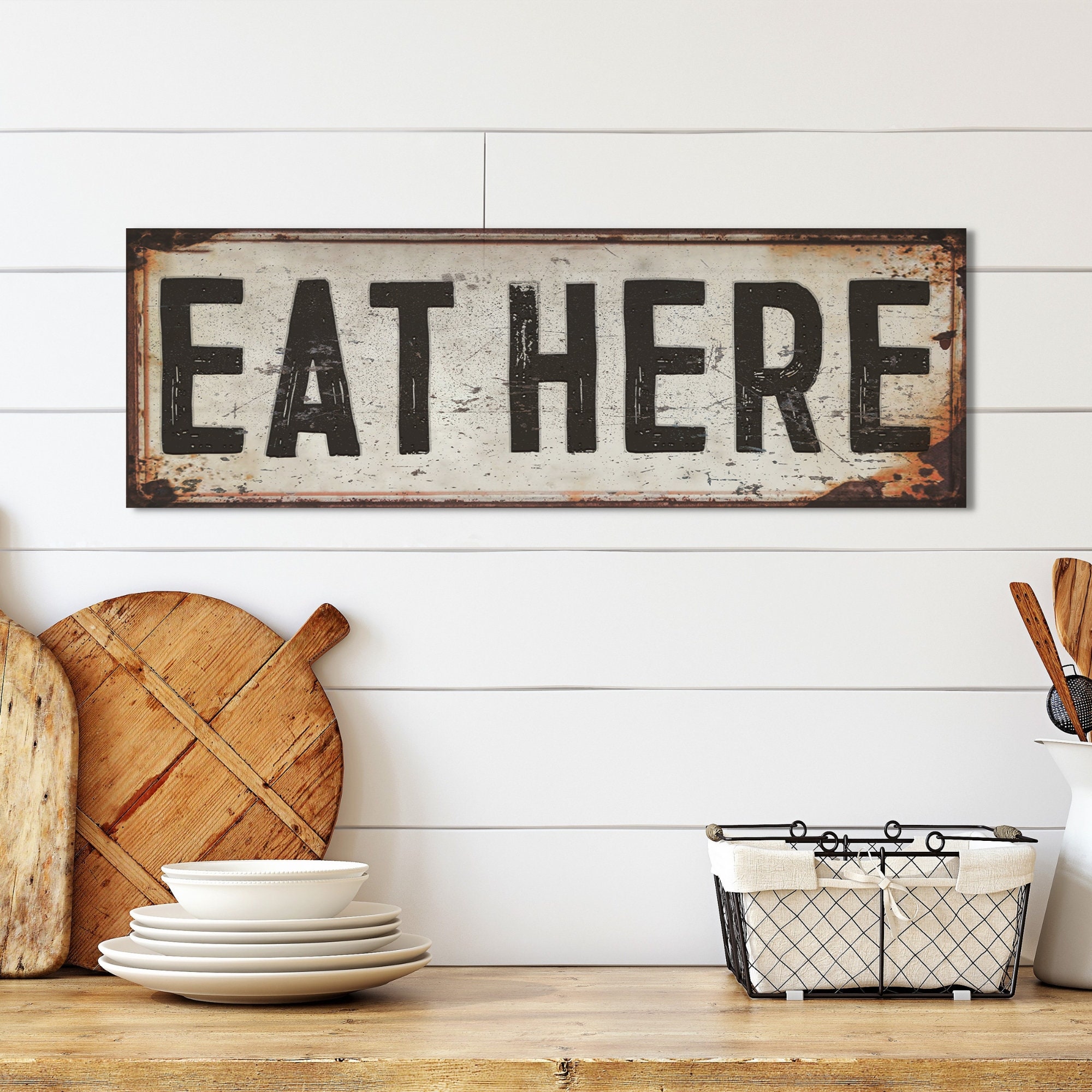 Eat Here Sign Vintage Kitchen Sign Large Canvas Sign Vintage
