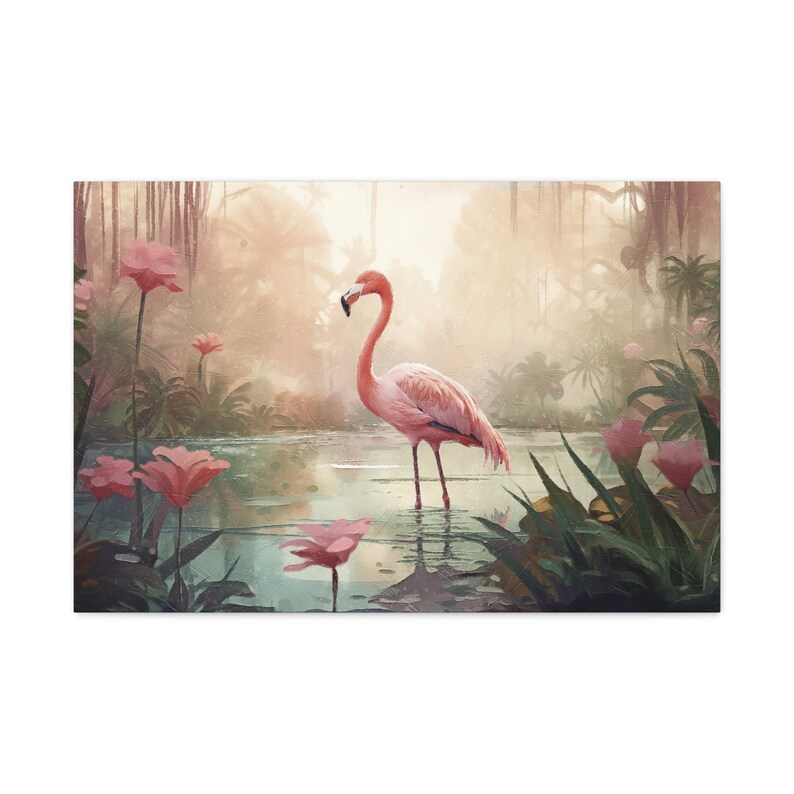 Flamingo Canvas Art Print, Tropical Landscapes, Flamingo Gifts, Large Canvas Wall Art, Flamingo Wall Art, Tropical Decor 36″ x 24″ (Horizontal)