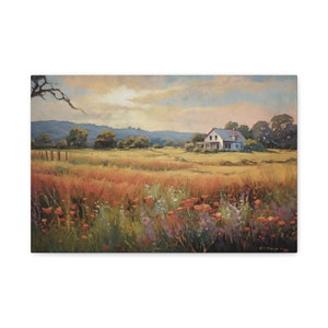 Rural Landscape Print, Springtime at the Farmhouse, Vintage Painting, Vintage Farmhouse Decor, Large Canvas Wall Art, Wildflower Field Art 24″ x 16″ (Horizontal)