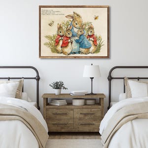 Arte clássica do Peter Rabbit, Flopsy, Mopsy, Cottontail e Peter, tela grande para parede, decoração de quarto infantil, decoração literária de primavera. imagem 1