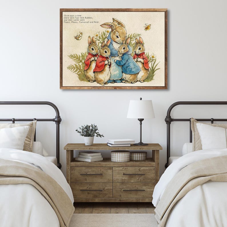 Arte clássica do Peter Rabbit, Flopsy, Mopsy, Cottontail e Peter, tela grande para parede, decoração de quarto infantil, decoração literária de primavera. imagem 1