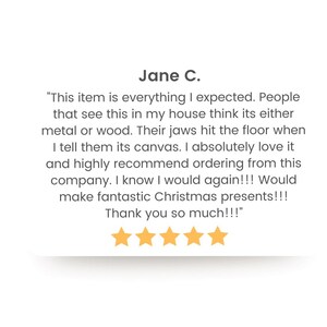 May include: A customer review with the name "Jane C." and a 5-star rating. The review text mentions the item is as expected, mistaken for metal or wood, and loved by the customer. The review ends with "Thank you so much!!!"
