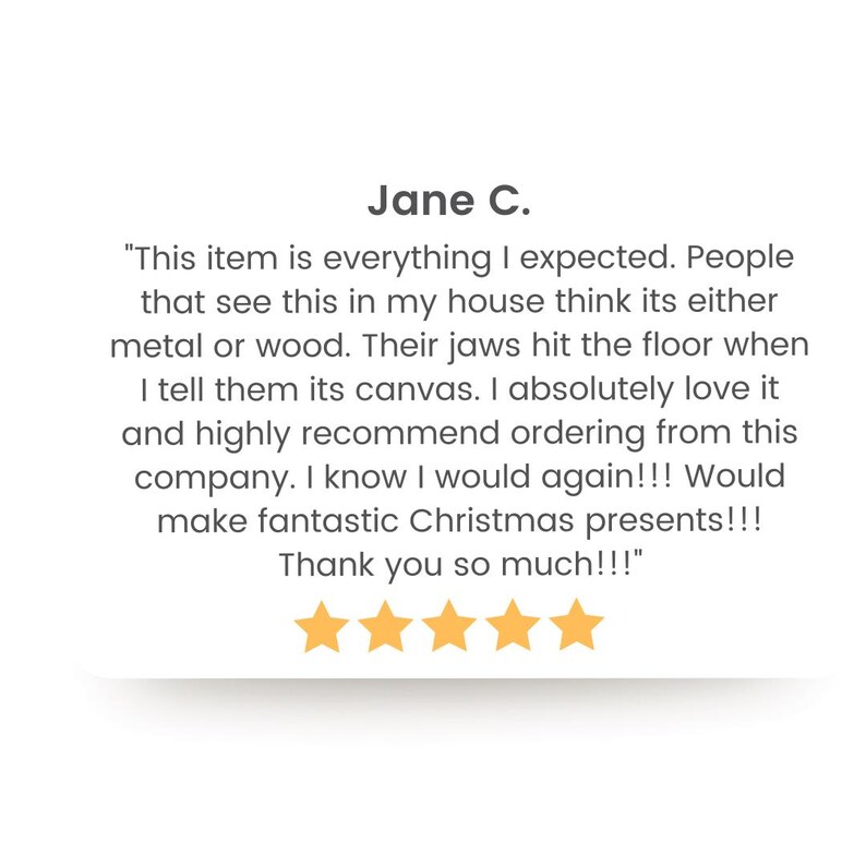 May include: A customer review with the name "Jane C." and a 5-star rating. The review text mentions the item is as expected, mistaken for metal or wood, and loved by the customer. The review ends with "Thank you so much!!!"