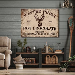 Personalized Hot Cocoa Bar Canvas Sign: Winter Pines, Rustic Christmas Decor image 8