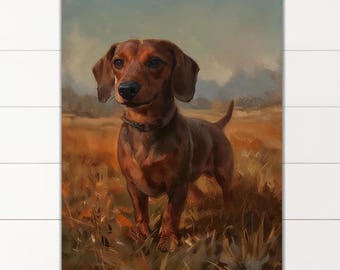 May include: An oil painting of a brown dachshund standing in a field of tall, dry grass. The dog has a smooth coat, floppy ears, and a dark collar around its neck. The background features a soft, muted sky and a hazy, golden-toned landscape.