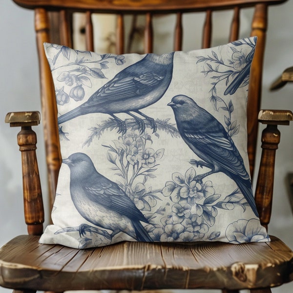 Vintage Blue Toile Birds Pillow Cover, French Country Decor, Grandmillenial Pillow Covers, Shabby Chic Pillow Covers, Vintage Farmhouse
