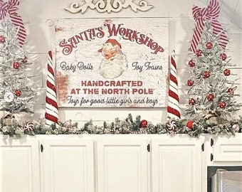 Shabby Blechschild Weihnachtsmann Santa's Workshop Haus Garten Retro 49x47cm NEU