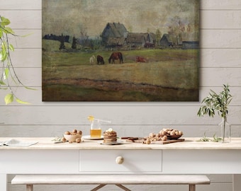 Lienzo con paisaje de granja vintage: decoración rústica de pared