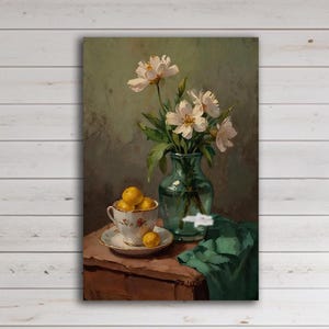 Still Life Floral Canvas Wall Art Vintage Flowers Botanical Painting Rustic Kitchen Decor Flower Vase Cottagecore Country Style Shabby Chic