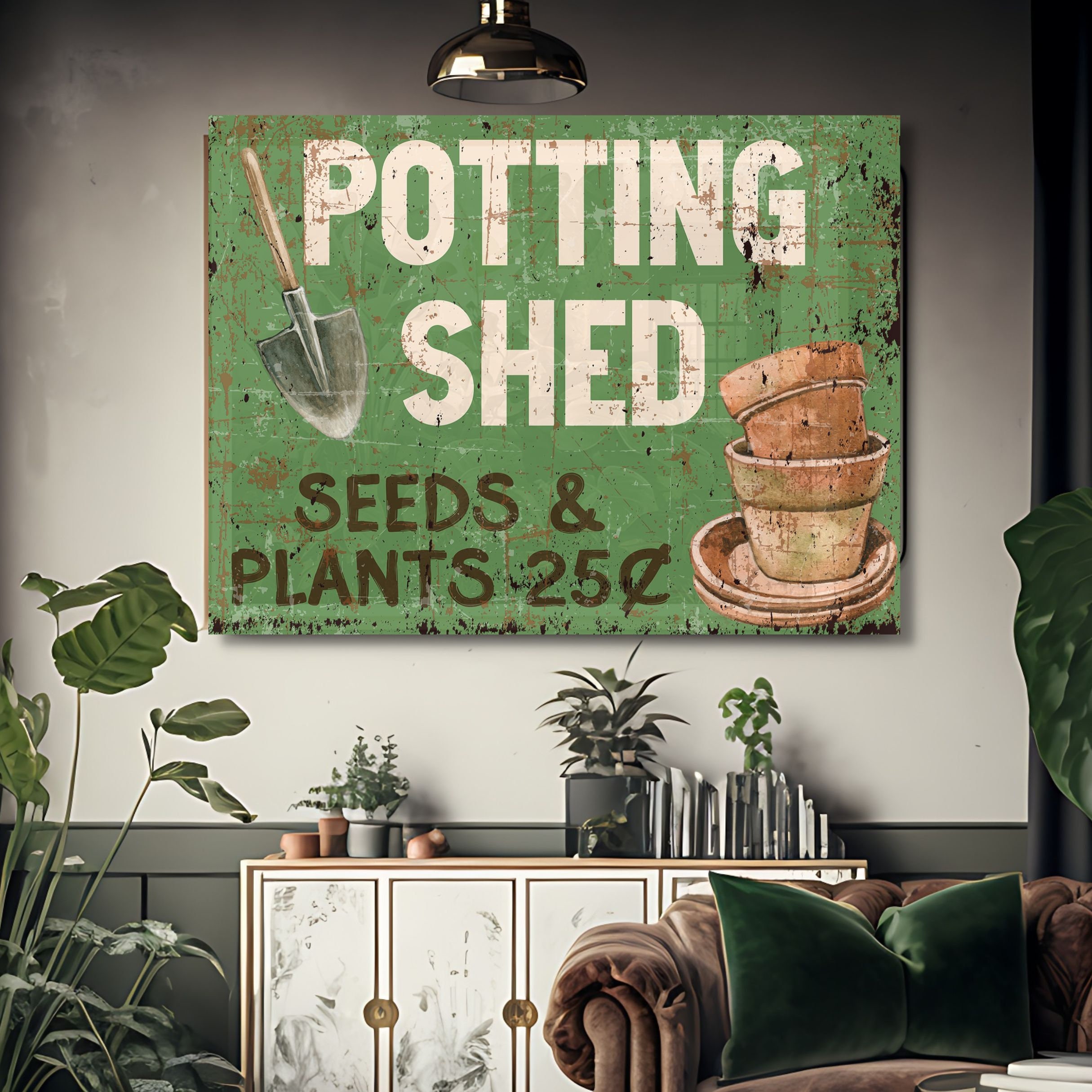 Potting Shed, Faux Metal Sign, Spring Wall Art, Large Canvas Wall Art, Vintage Rustic Art Print, Primitive Wall Decor, Gardening Gifts