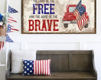 Patriotic Canvas Sign: Land Of The Free, Farmhouse America Decor