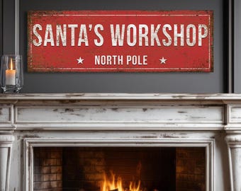Santa's Workshop Canvas Sign: Vintage Holiday Wall Art