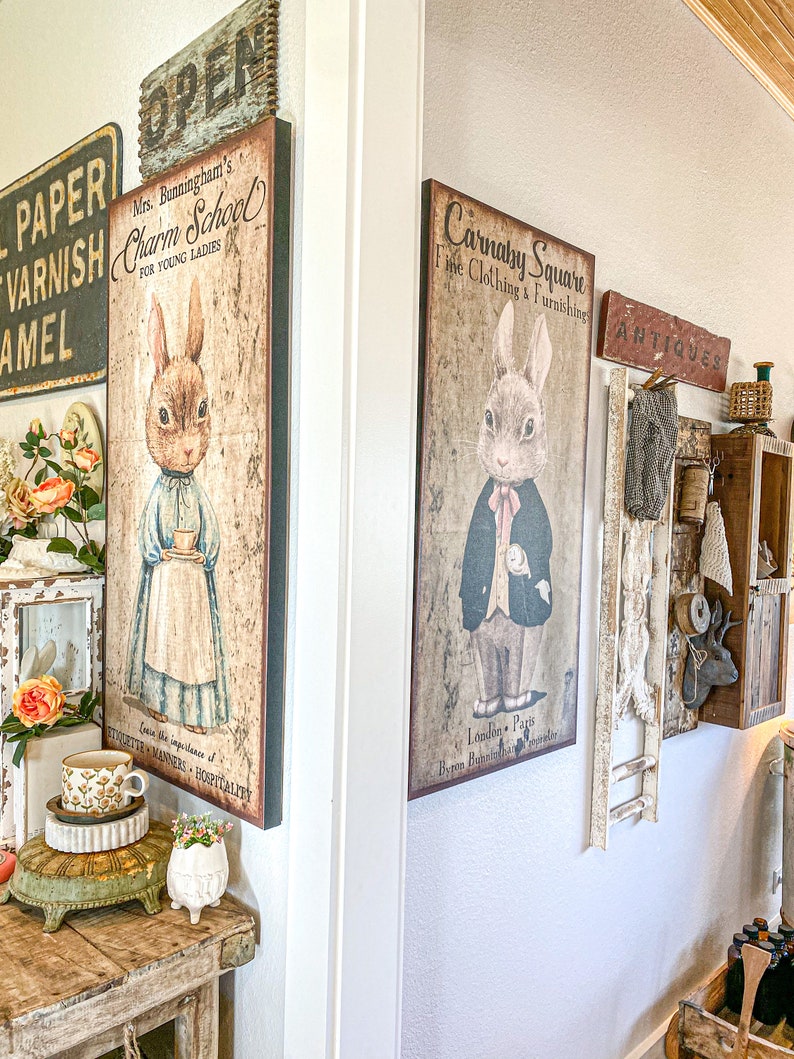 Vintage Charm School Sign, Vintage Farmhouse Sign, Vintage Rabbit Decor, Vintage Inspired Art, Rustic Canvas Sign, Rabbit Wall Art image 8