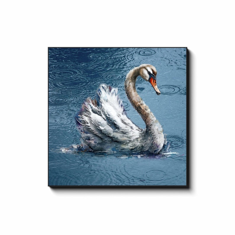 Swan In The Rain Art Modern Farmhouse Home Decor Swan Lake Blue Art Calming Art Piece Swan Canvas Wall Art Print Grandmillenial Decor 36x36 inch