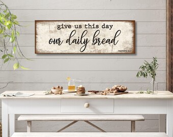 Canvaskunst Daily Bread: vintage bord met christelijke boerderij