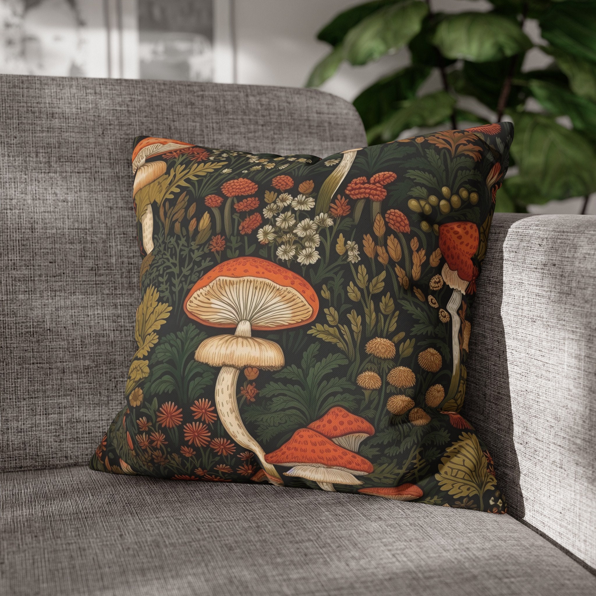 Mushroom Cottagecore Throw Pillow Covers 18x18 Inch – Flannel, Retro Hippie Design, Decorative For Bedroom, Living Room, Gift