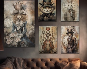Steampunk Alice in Wonderland Canvas Art: Mad Hatter, White Rabbit
