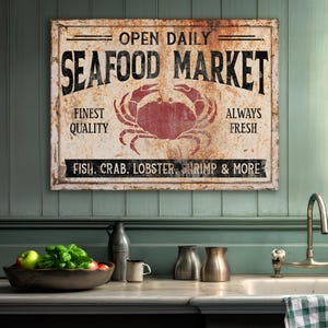 Seafood Market Canvas Sign, Seafood Sign, Beach House Sign, Vintage Decor, Faux Metal Sign, Vintage Signs, Rustic Decor, Beach House Decor