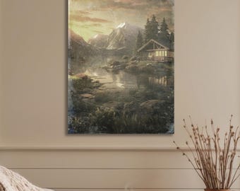 Puede incluir: Una impresión de arte mural rectangular que presenta un paisaje con una cabaña situada a la orilla de un lago tranquilo. El fondo muestra montañas nevadas bajo un cielo de tonos dorados, con altos pinos rodeando la cabaña.
