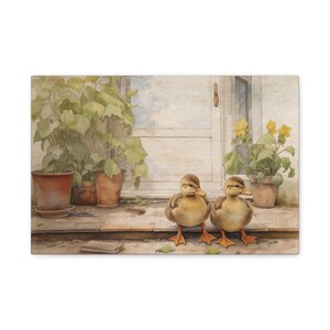 Duck Print, Spring Farmhouse Decor, Illustrated Cute Ducks, Spring Canvas Art, Vintage Duck Wall Art, Easter, Just Ducky, Cottage Decor 24″ x 16″ (Horizontal)