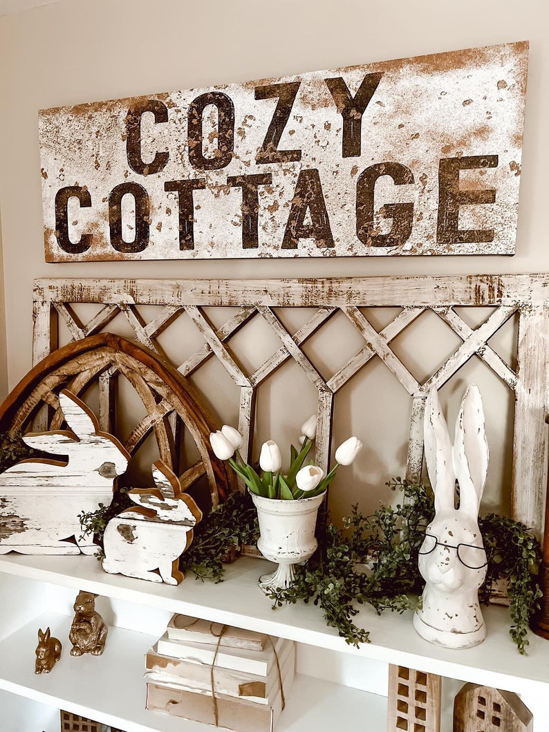 Cozy Cottage Sign, Large Canvas Wall Art, Vintage Cottage Canvas, Rusty Distressed Canvas Wall Art, Cottagecore Decoration, Best Friend Gift image 1