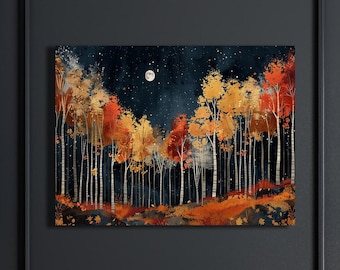 Lienzo con luna y bosque otoñal: follaje otoñal caprichoso, escena boscosa