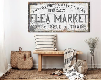 Vintage Flea Market Sign, Modern Farmhouse Decor, Large Canvas Wall Art, Antiques Sign, Buy Sell Trade, Old Time Signs, Rustic Decor