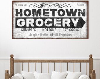 Personalized Hometown Grocery Sign, Modern Farmhouse Decor, Large Canvas Wall Art, Antique Sign, Rustic Decor