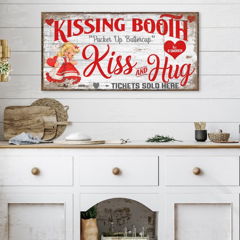 Kissing Booth Sign, Valentines Day Decor, Large Canvas Wall Art, Vintage Decor, Vintage Signs, Vintage Valentines Sign, Pucker Up image 1