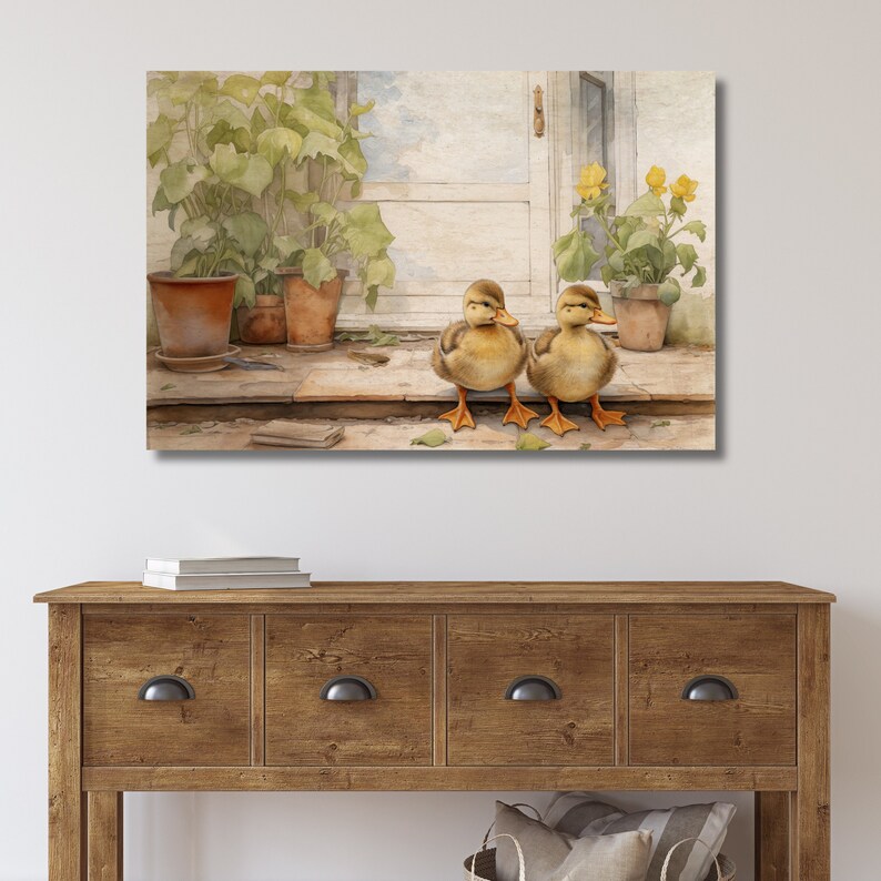 illustration of 2 adorable ducks sitting on the front porch on a beautiful spring day. this is a canvas print