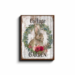 Cottage Garden, Spring Sign, Vintage Cottage Decor, Spring Wall Art, Vintage Signs, Rabbit Decor, Oversized Canvas Wall Art 18x24 inch