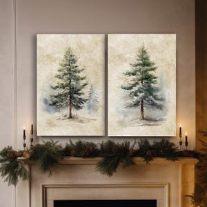 Conifers Winter Art, Large Canvas Wall Art, Winter Pines, Vintage Inspired Winter Wall Art, 2 Styles of Conifer Trees, Vintage Trees
