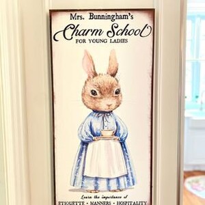 Vintage Charm School Sign, Vintage Farmhouse Sign, Vintage Rabbit Decor, Vintage Inspired Art, Rustic Canvas Sign, Rabbit Wall Art image 9