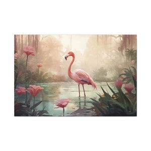 Flamingo Canvas Art Print, Tropical Landscapes, Flamingo Gifts, Large Canvas Wall Art, Flamingo Wall Art, Tropical Decor 48″ x 32″ (Horizontal)