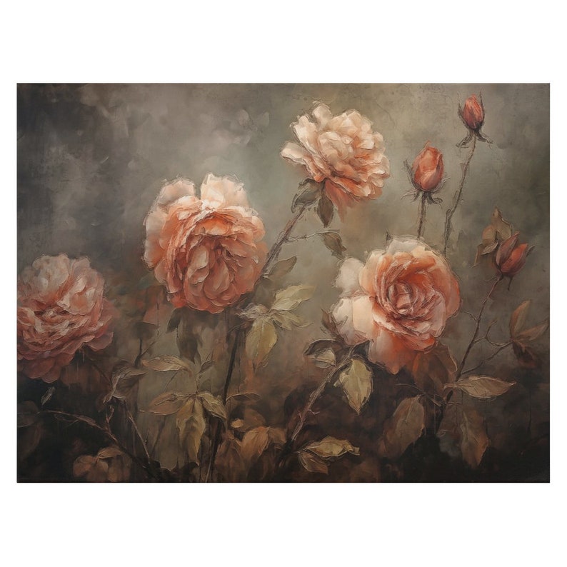 Gift Ideas for Mom, Wild Roses, Moody Wall Art, Vintage Cottage Decor, Floral Wall Art, Modern Cottage, Large Canvas Wall Art, Rose Painting 36x48 inch