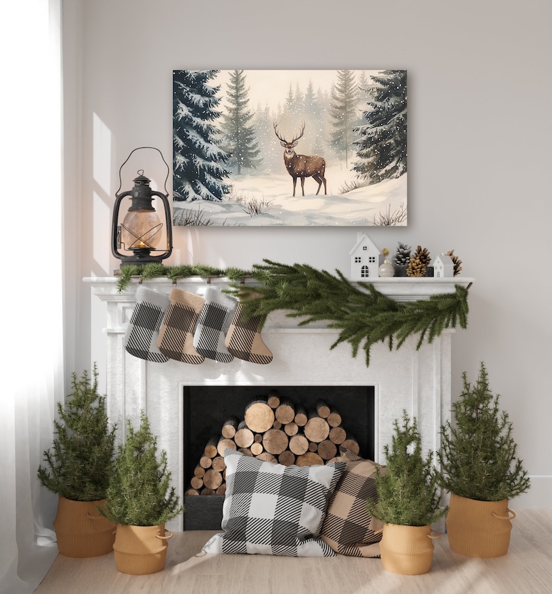 Deer Landscape Art, Majestic Buck in a Snowy Forest, Large Canvas Wall