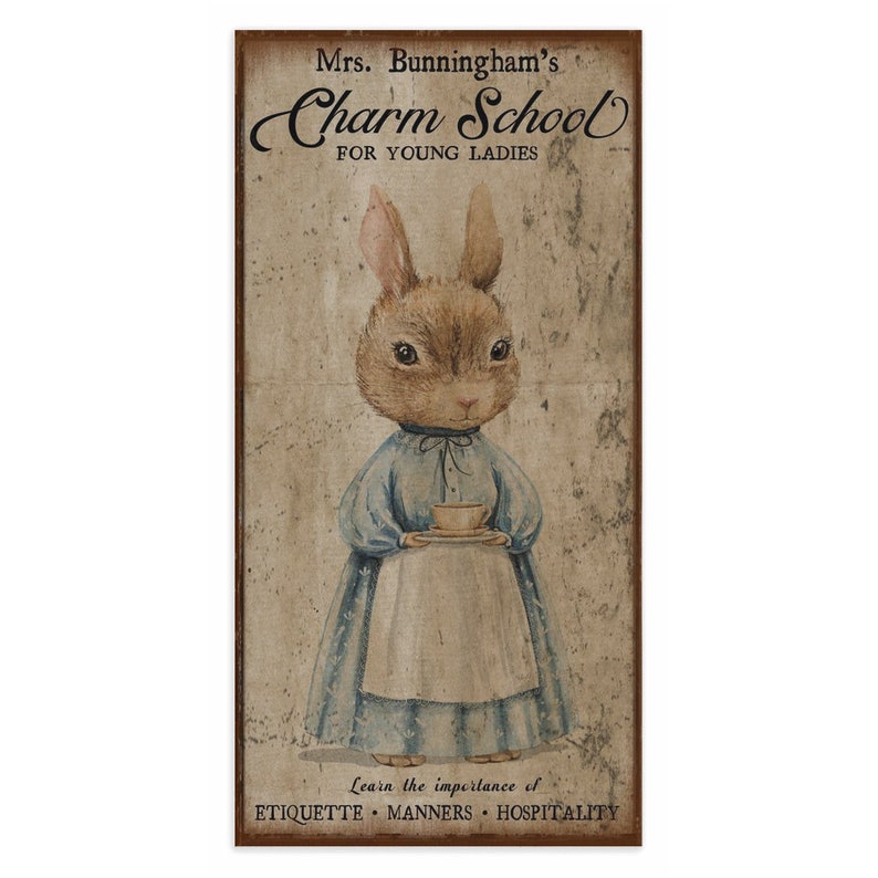 Vintage Charm School Sign, Vintage Farmhouse Sign, Vintage Rabbit Decor, Vintage Inspired Art, Rustic Canvas Sign, Rabbit Wall Art image 5