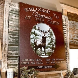 Christmas At The Cabin, Christmas Decor, Rustic Christmas, Large Canvas Signs, Vintage Holiday Signs, Cabin Decor, Christmas Deer