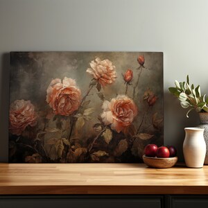 Gift Ideas for Mom, Wild Roses, Moody Wall Art, Vintage Cottage Decor, Floral Wall Art, Modern Cottage, Large Canvas Wall Art, Rose Painting image 9