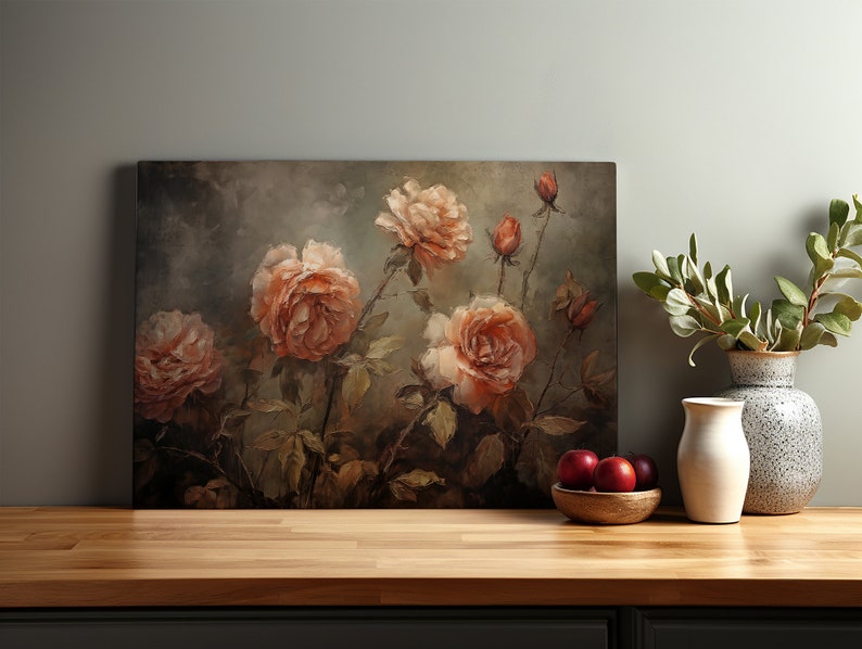 Gift Ideas for Mom, Wild Roses, Moody Wall Art, Vintage Cottage Decor, Floral Wall Art, Modern Cottage, Large Canvas Wall Art, Rose Painting image 9