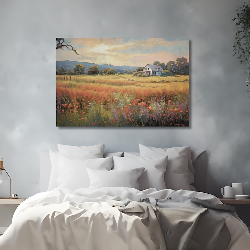 rural landscape canvas wall art with wildflowers, a farmhouse and mountains