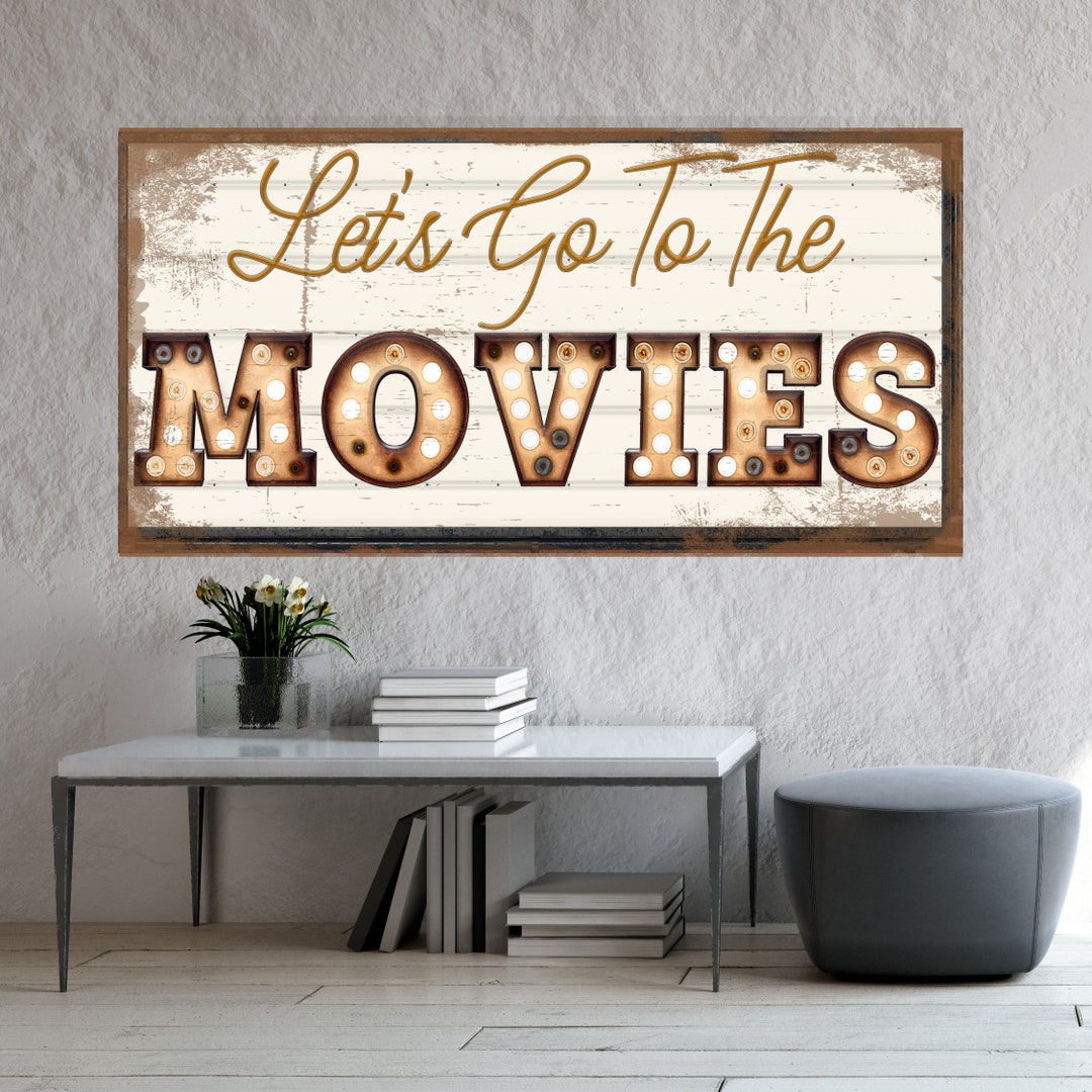 Lets Go to the Movies Sign, Modern Farmhouse Decor, Large Canvas Wall